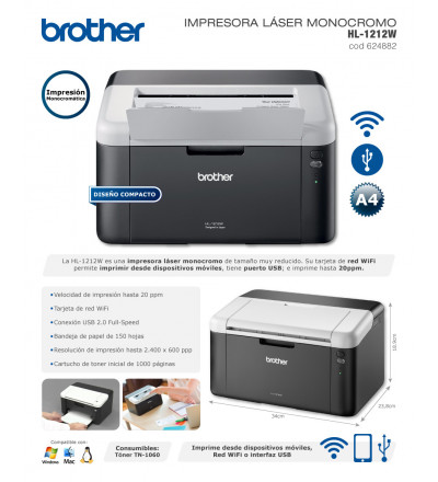 IMPRESORA LASER MONOCROMATICA BROTHER HL-1212W WIFI